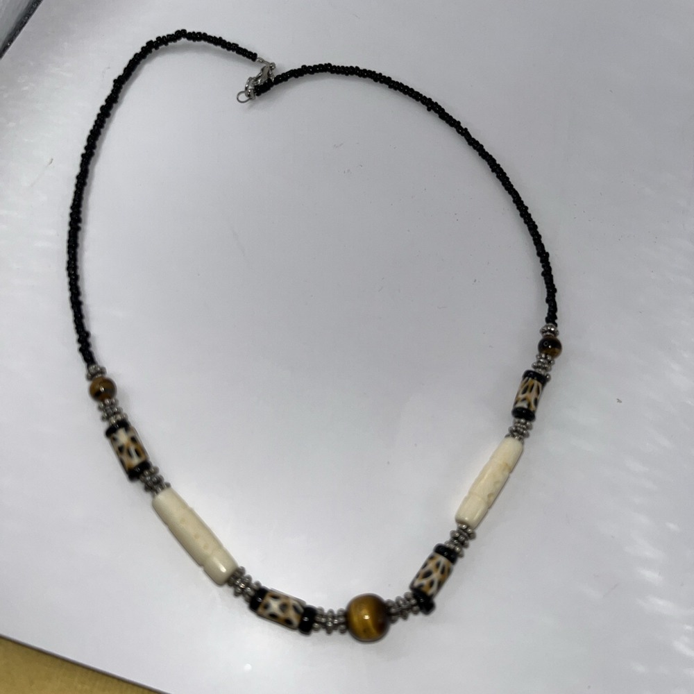 VTG Unisex Necklace Tiger‎ Eye Glass Seed Bead Ethnic Bohemian Artistic Earthy